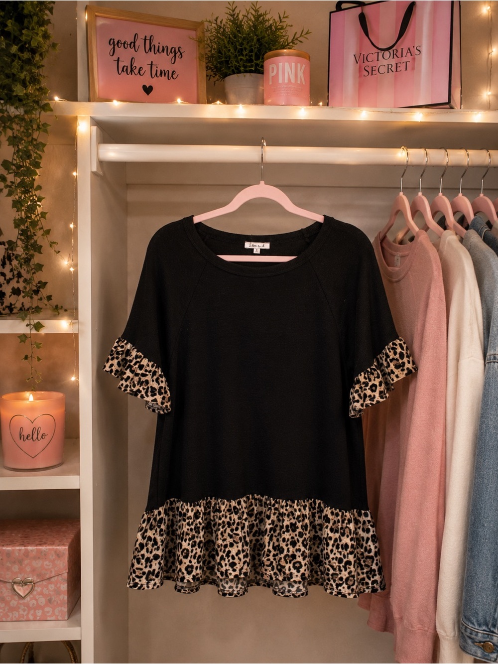 white birch Black Top with Leopard Ruffle Trim - Picture 2 of 2